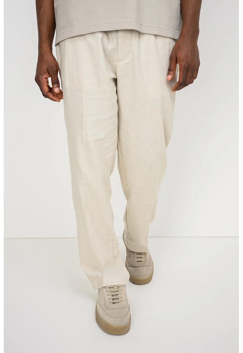 Pantaloni din bumbac si in cu croiala dreapta si buzunare laterale, Bej deschis