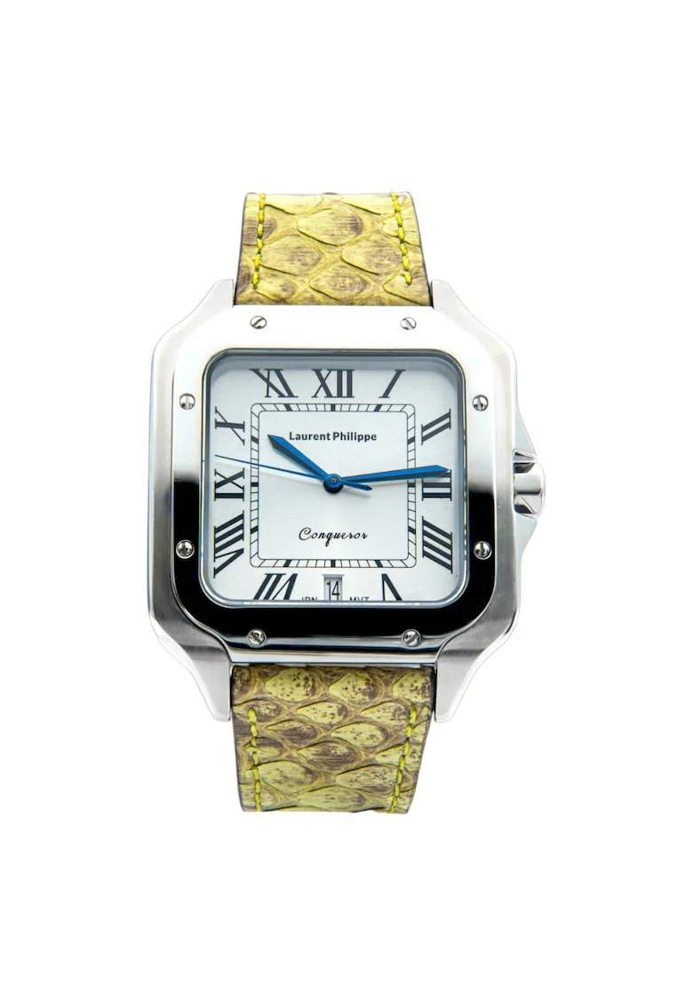 Ceas barbatesc  Conqueror Koh-I-Noor, cadran alb, curea piele piton, mecanism quartz, inox