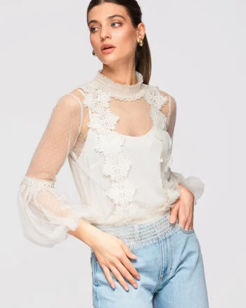Bluze dama scurte cu inalta si maneci lungi slim fit OW-SE-E0001, Ecru
