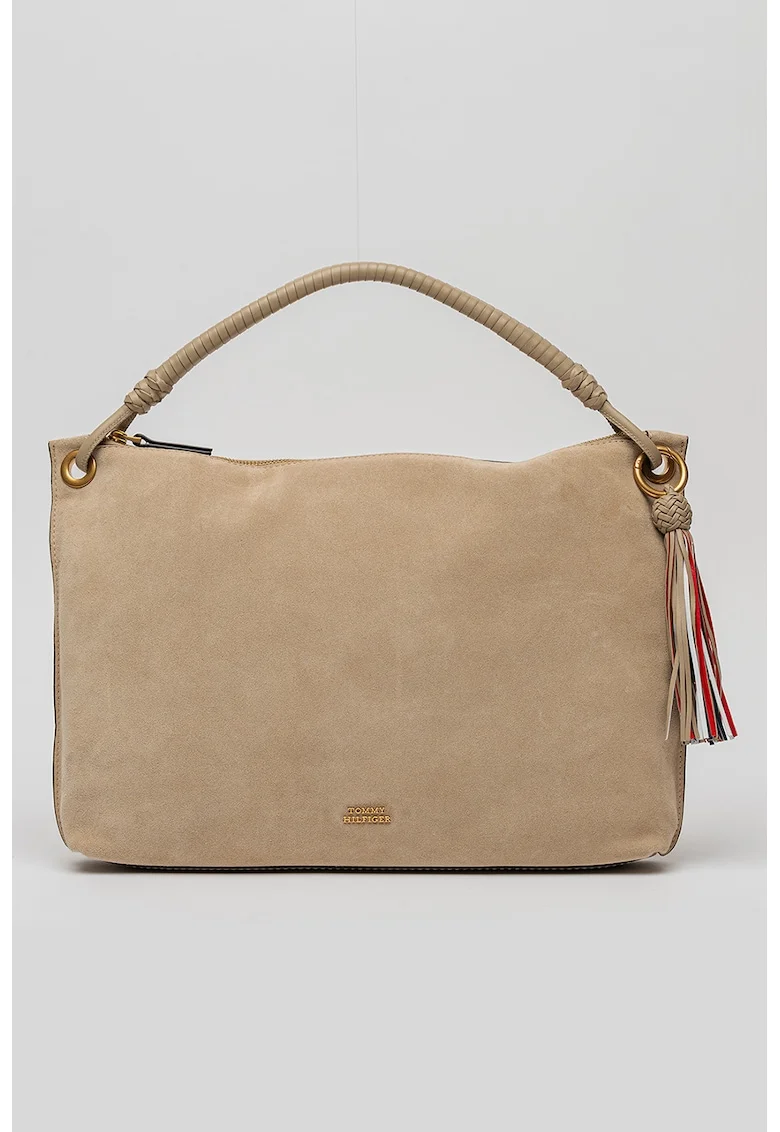 Geanta de piele intoarsa cu maner si canaf Statement, Maro camel