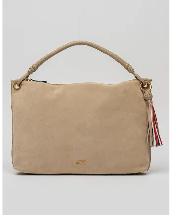 Geanta de piele intoarsa cu maner si canaf Statement, Maro camel