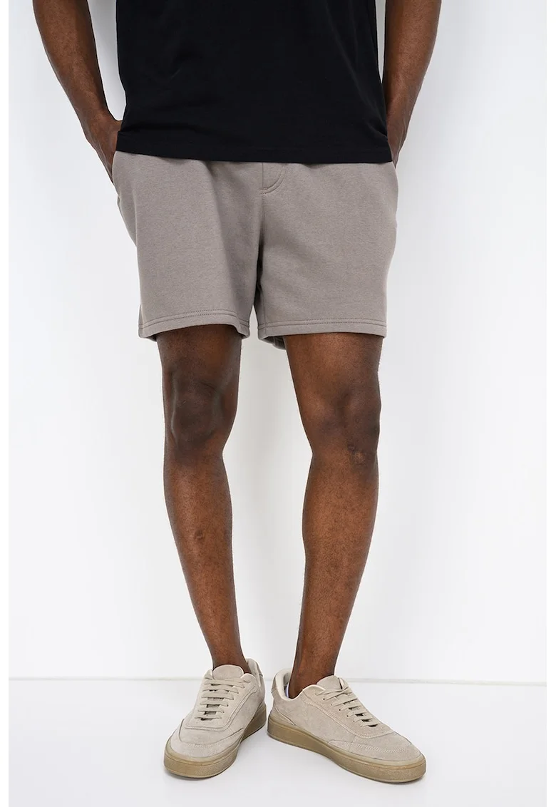 Pantaloni scurti cu snururi si model uni, Maro taupe deschis