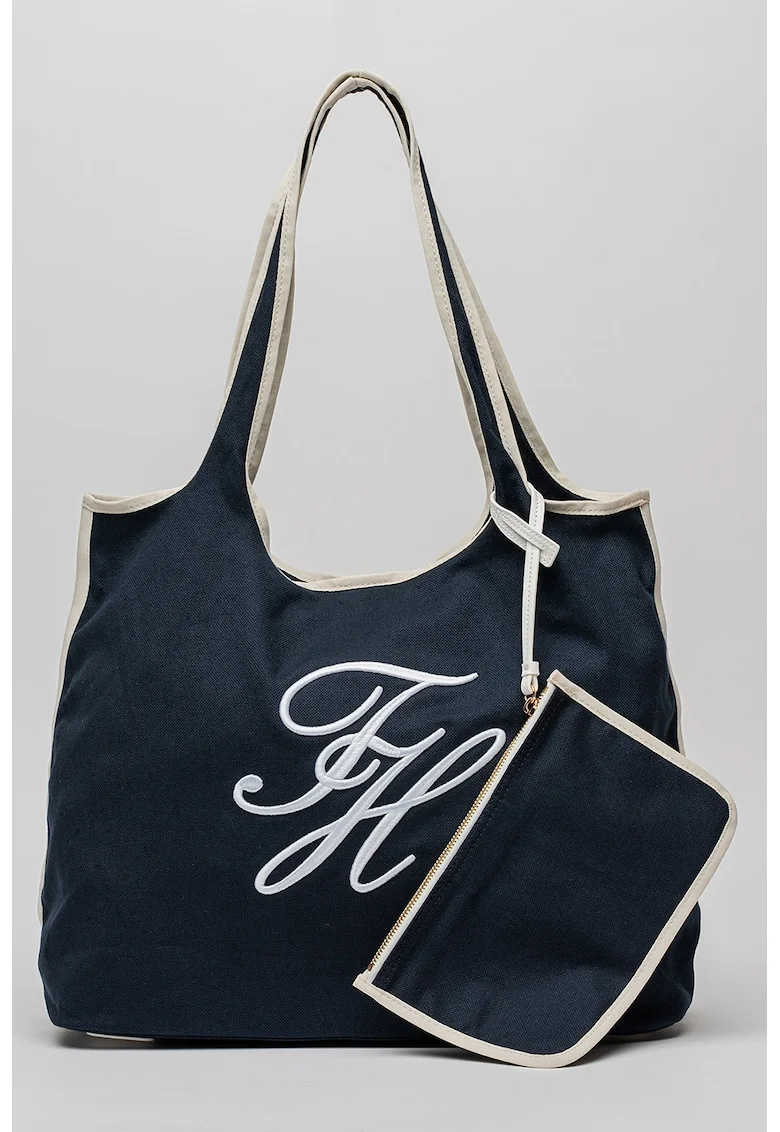 Geanta tote de panza cu logo brodat, Alb/Bleumarin