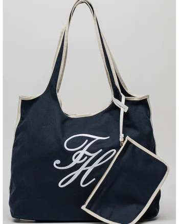 Geanta tote de panza cu logo brodat, Alb/Bleumarin