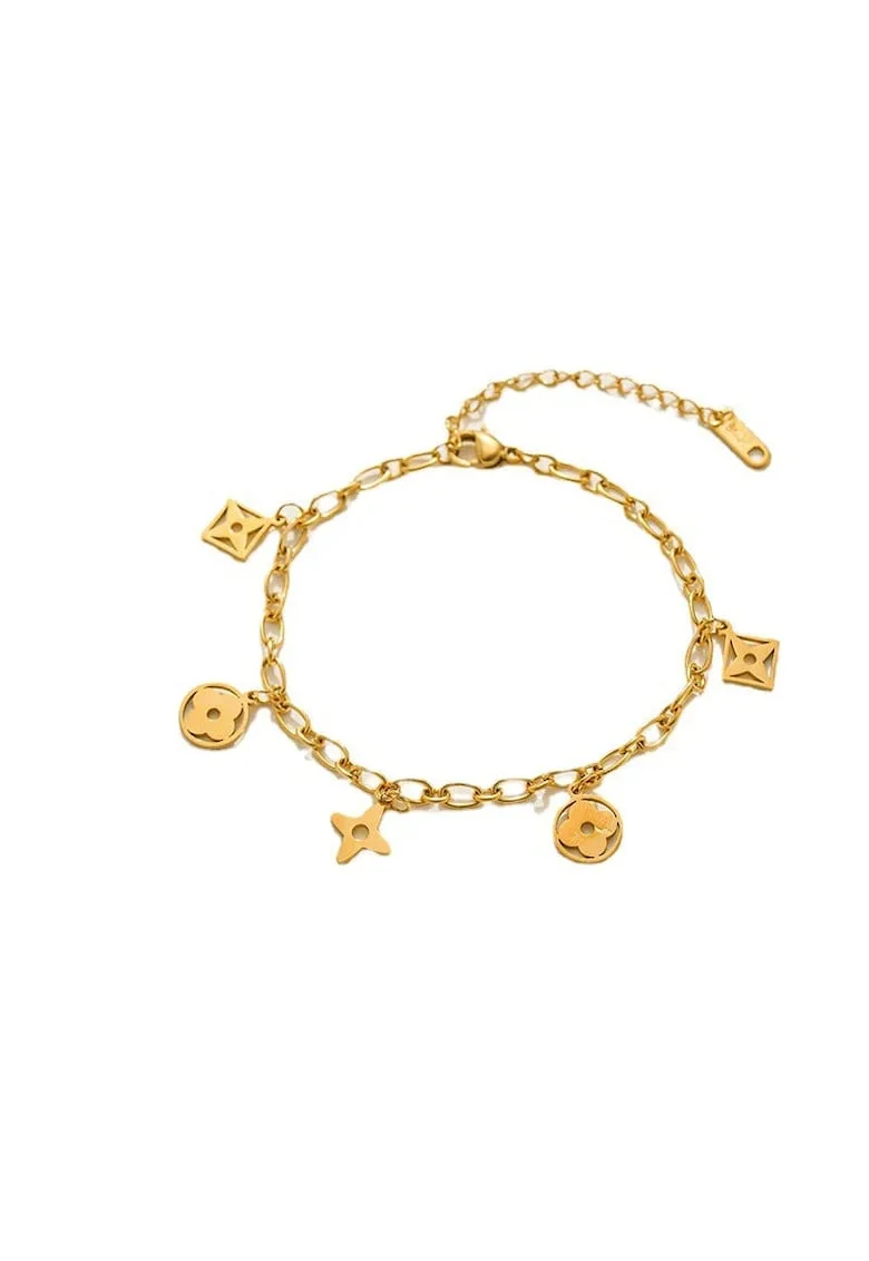 Bratara aurie, din otel inoxidabil, suflata cu aur 18k, cu zale si piese diverse, Janeke C5