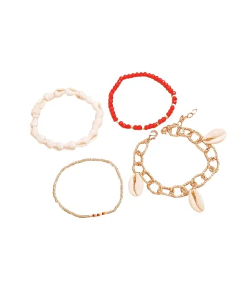 Set 4 bratari aurii, cu scoici si margelute rosii, Nuria C8,