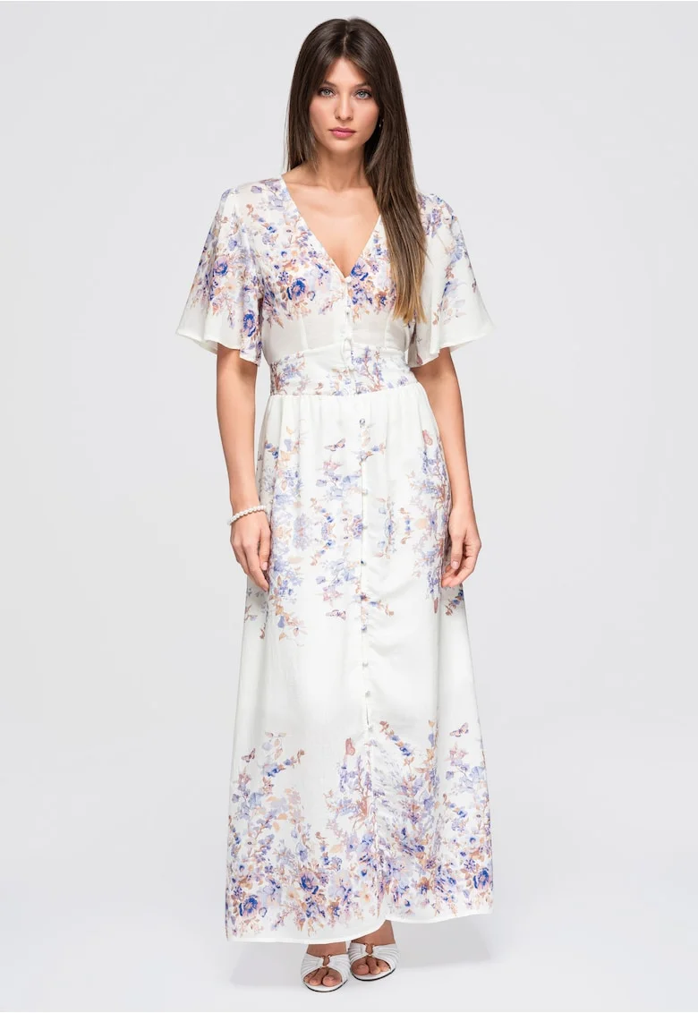 Rochie maxi cu decolteu in V, maneci scurte si imprimeu floral LA-OM-DLR380, Alb