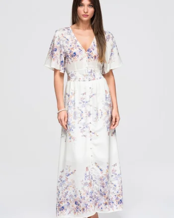 Rochie maxi cu decolteu in V, maneci scurte si imprimeu floral LA-OM-DLR380, Alb