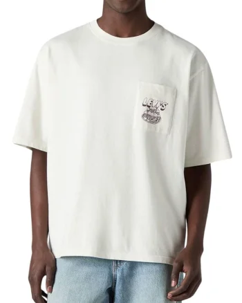 Tricou din bumbac cu croila lejera, buzunar frontal, si imprimeu pe partea din spate
