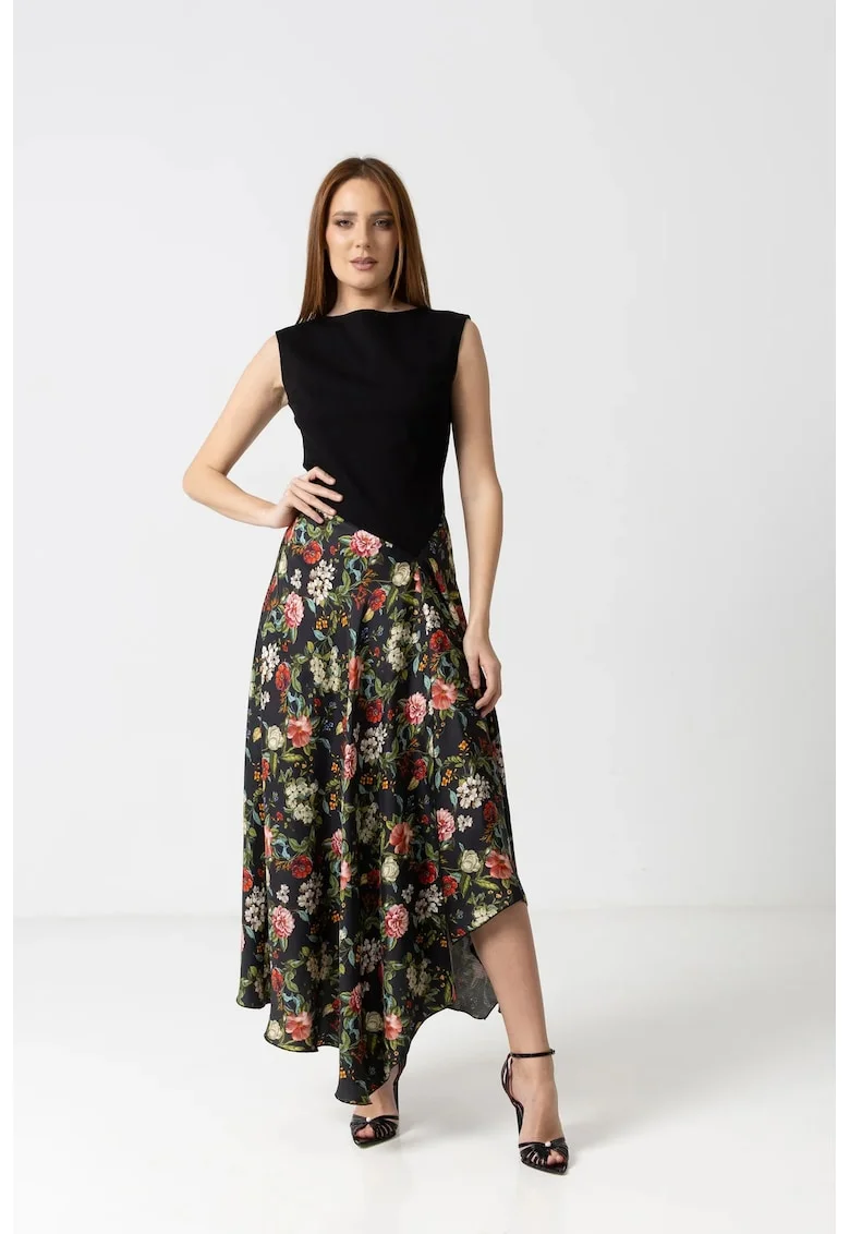 Rochie eleganta midi dama cu bust negru si fusta florala vaporoasa