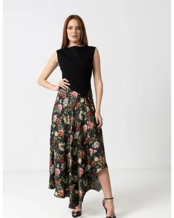 Rochie eleganta midi dama cu bust negru si fusta florala vaporoasa