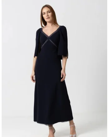 Rochie midi eleganta bleumarin cu detalii din dantela si maneci tip capa