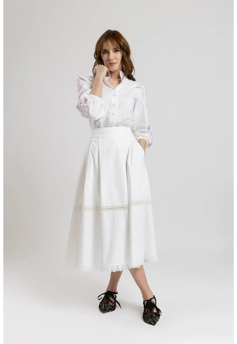 Fusta midi din bumbac alb cu insertii de macrame