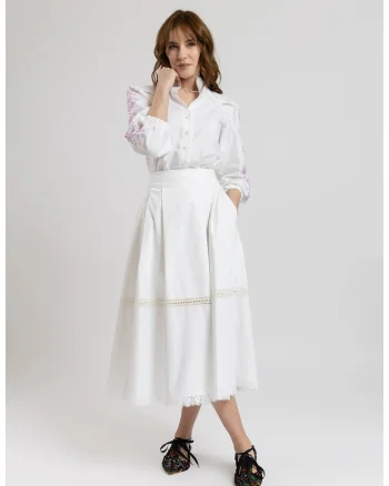 Fusta midi din bumbac alb cu insertii de macrame