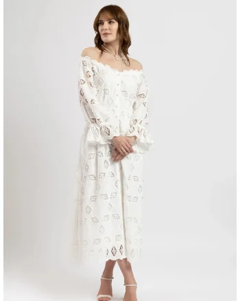 Rochie midi cu umeri decupati din bumbac cu broderie sparta