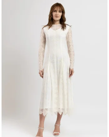 Rochie midi din tulle brodat ivoar cu maneci lungi