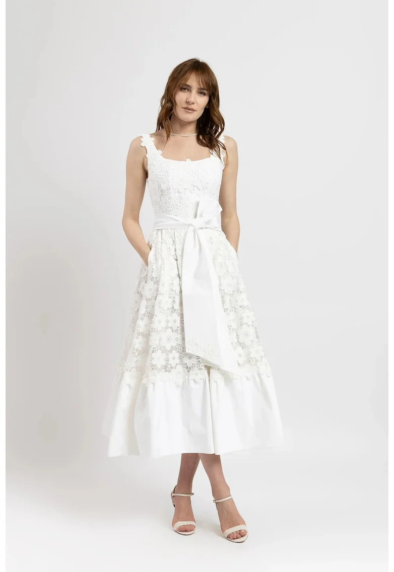 Rochie midi din macrame floral si volan din bumbac satinat alb