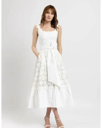 Rochie midi din macrame floral si volan din bumbac satinat alb