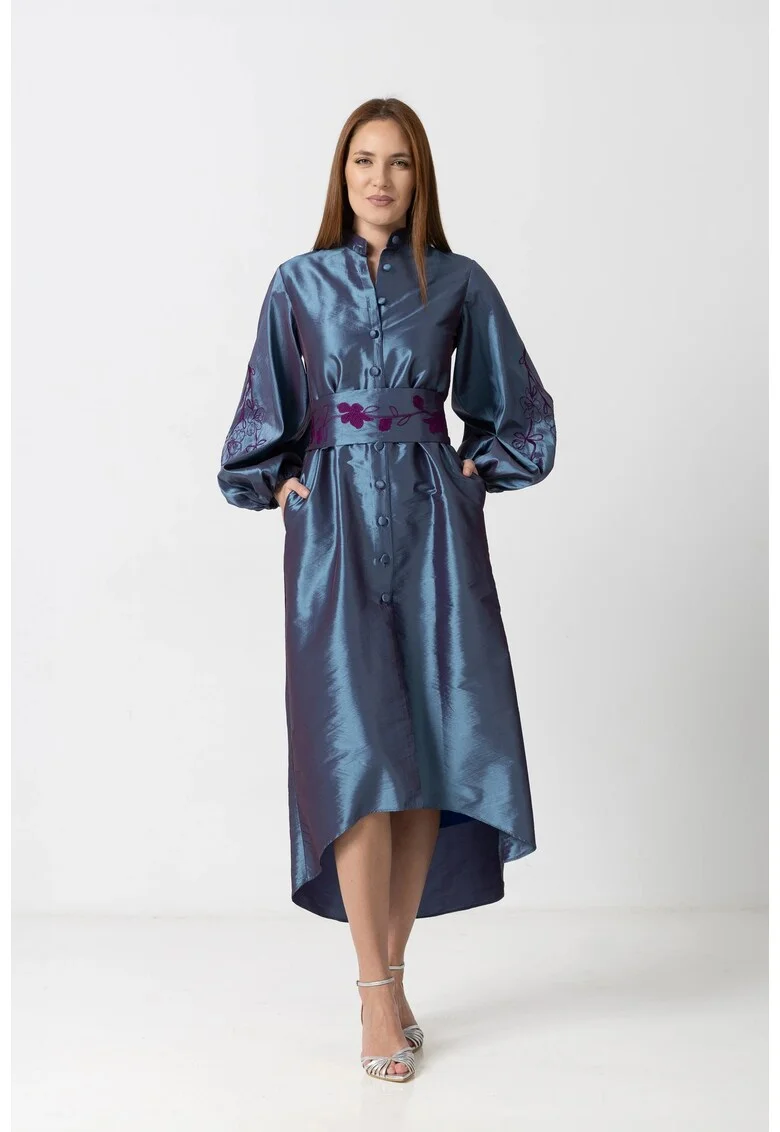 Rochie asimetrica din tafta cu brau brodat