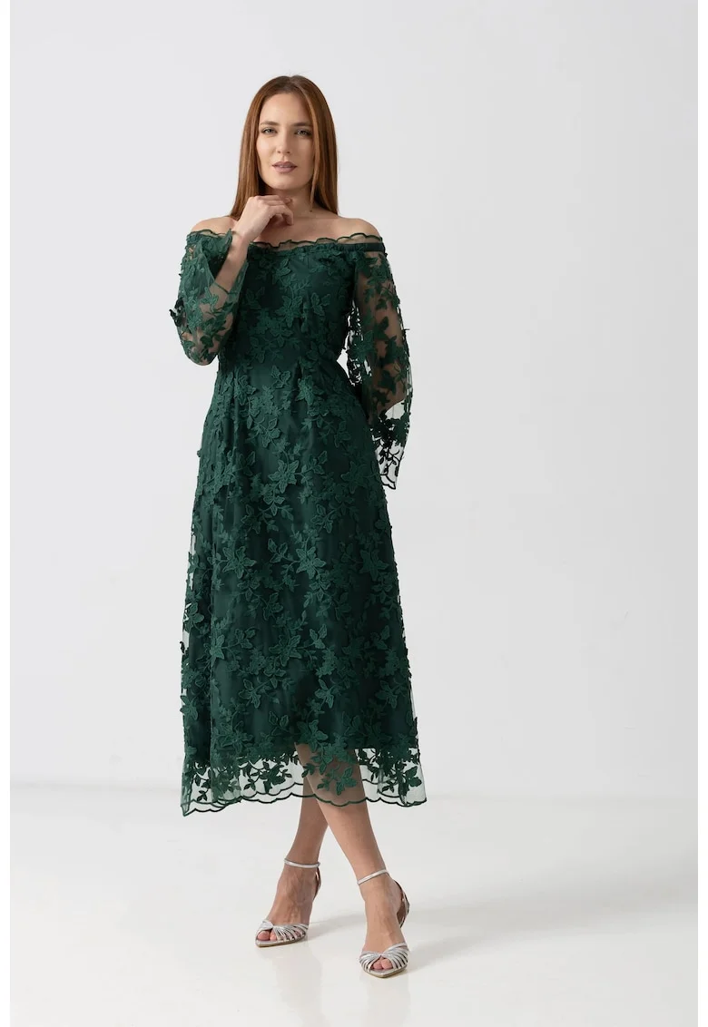 Rochie midi din tulle verde cu umeri decupati
