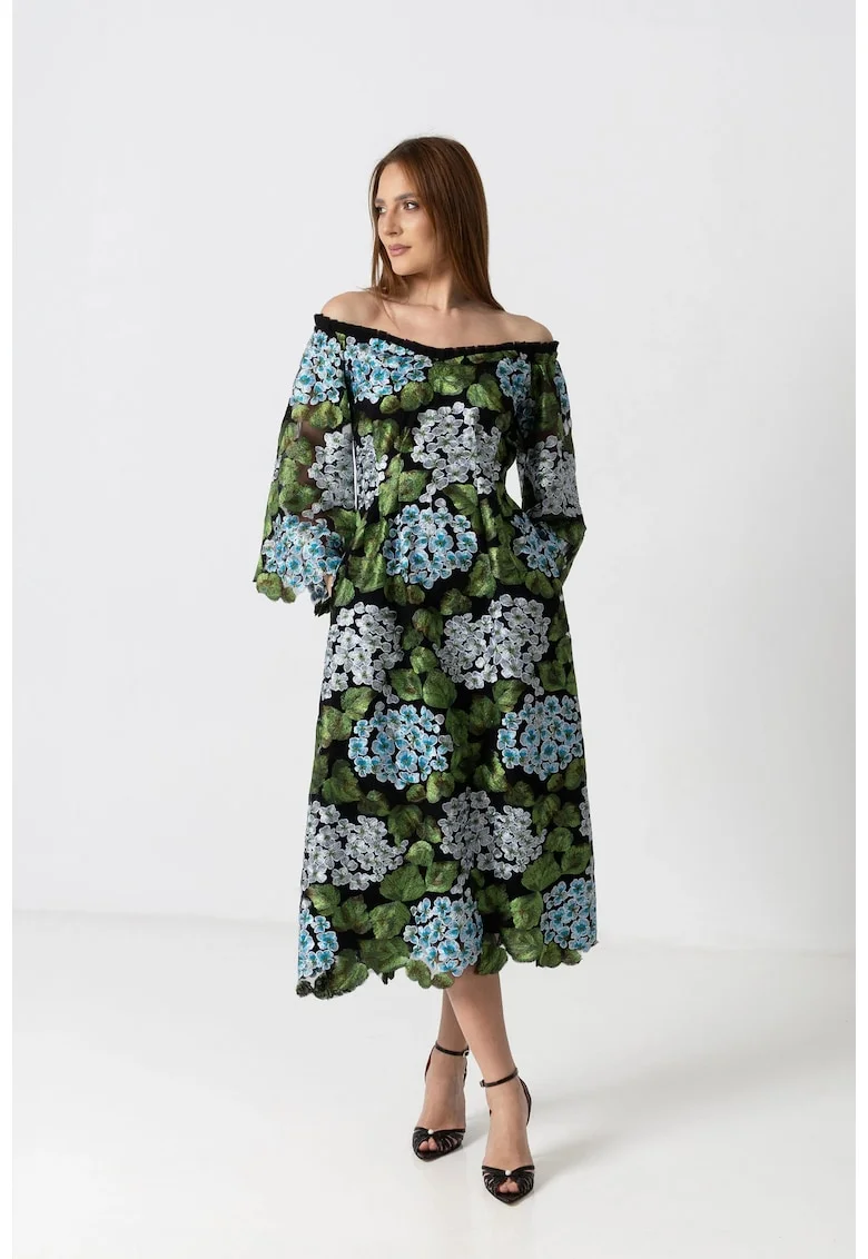 Rochie midi eleganta cu broderie florala si decolteu Bardot