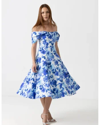 Rochie midi din bumbac cu imprimeu floral albastru