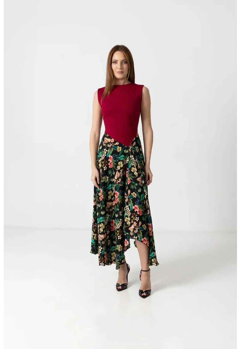 Rochie eleganta midi cu bust din jerse rosu si fusta din matase florala