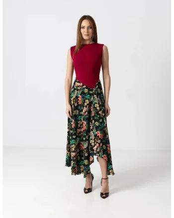 Rochie eleganta midi cu bust din jerse rosu si fusta din matase florala