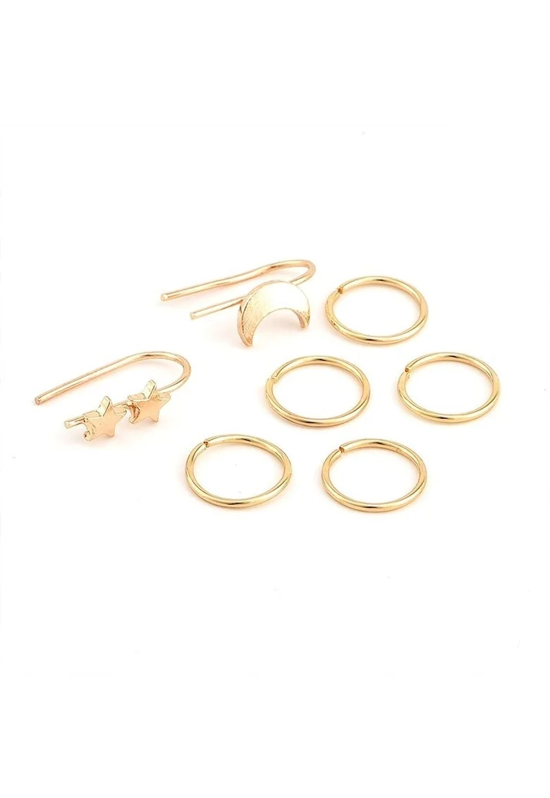 Set 7 cercei, aurii, ear cuff, cu luna si stele, Asker C28,
