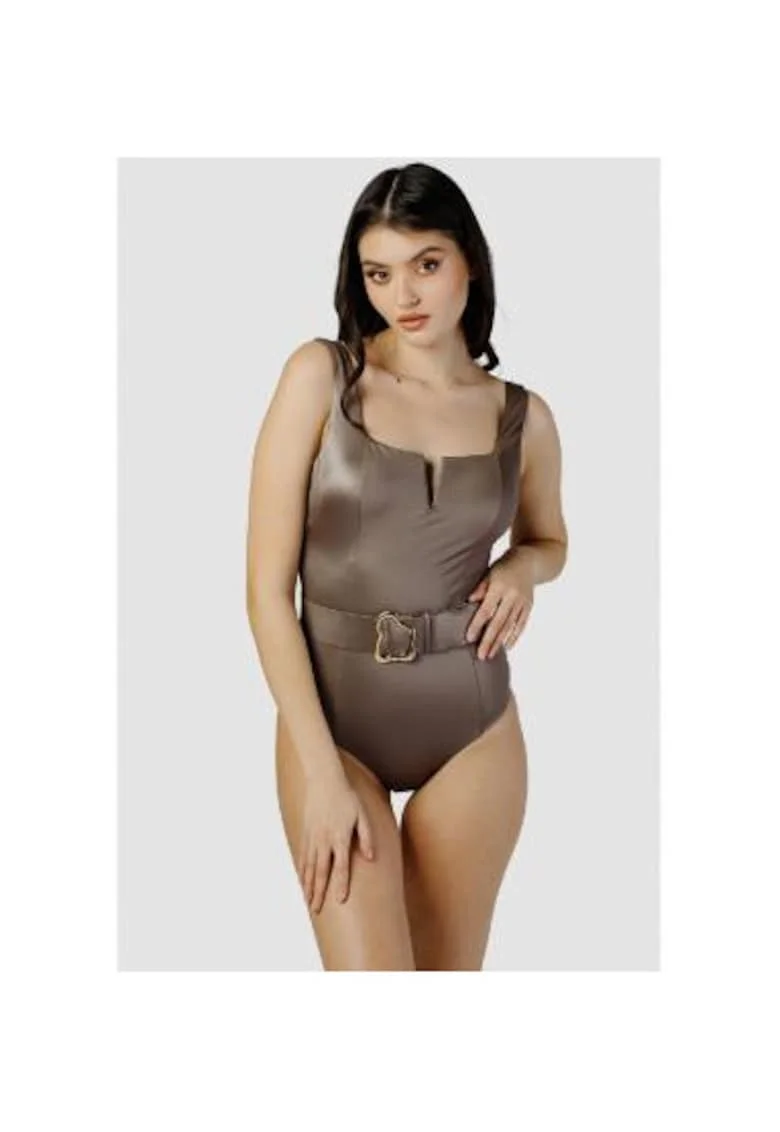 Costum de baie intreg cu decolteu patrat si curea in talie, Maro