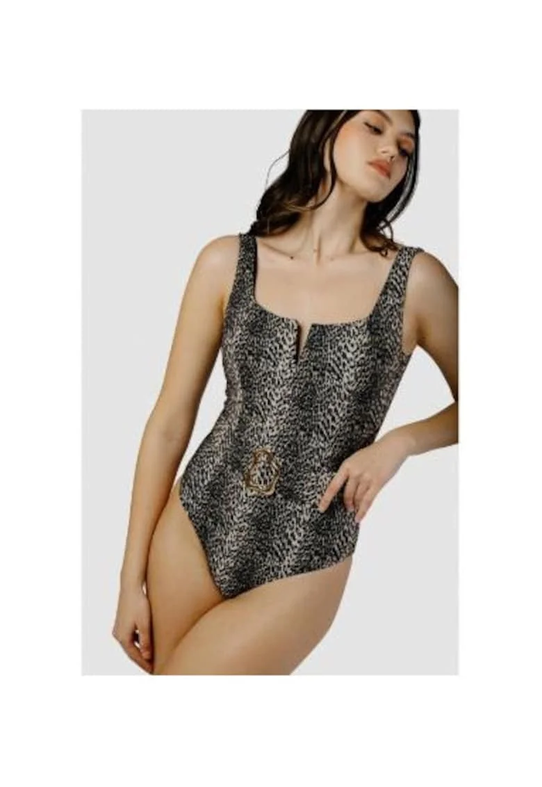 Costum de baie intreg cu decolteu patrat si curea in talie, Multicolor