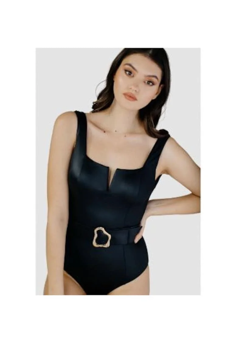 Costum de baie intreg cu decolteu patrat si curea in talie, Negru