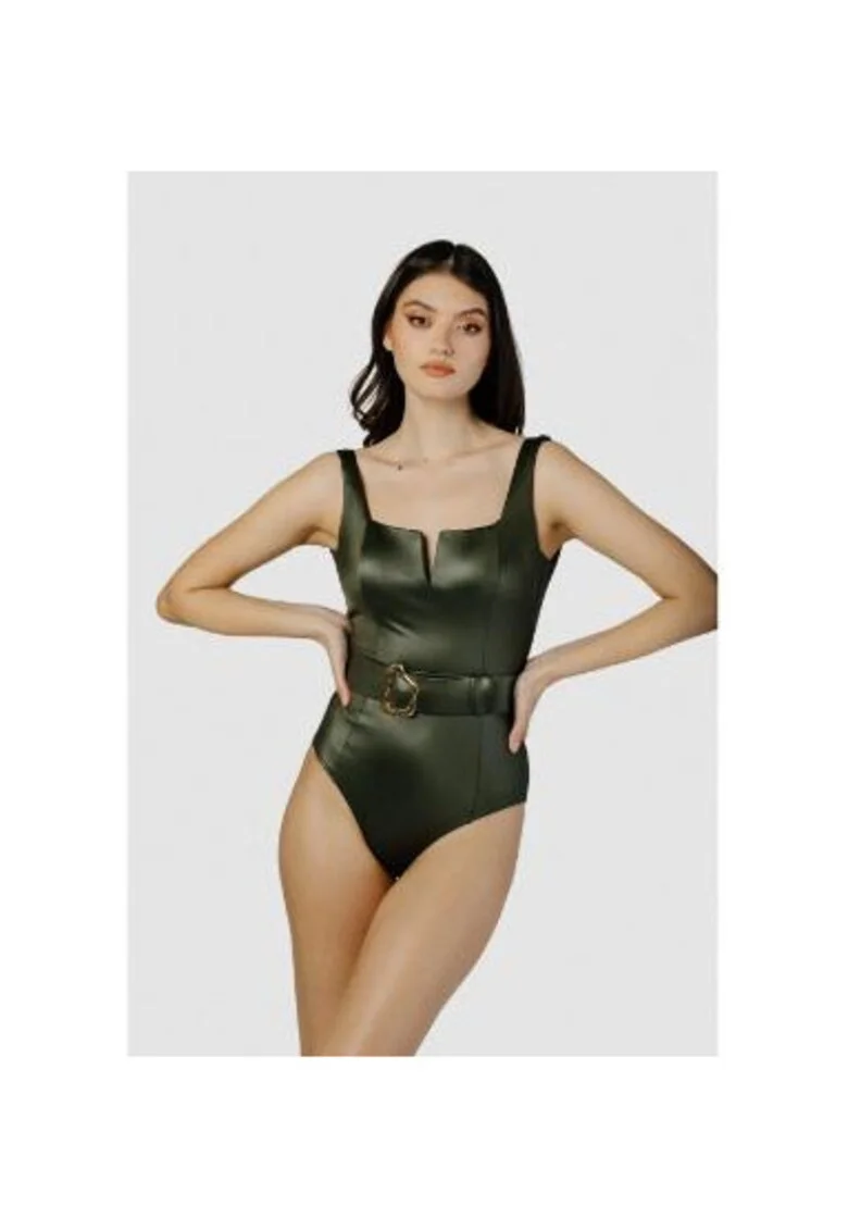 Costum de baie intreg cu decolteu patrat si curea in talie, Verde