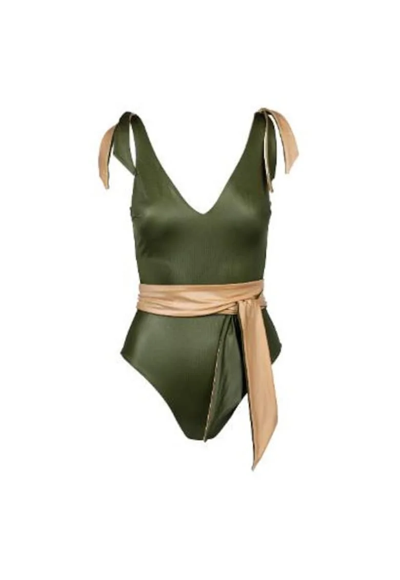costum de baie intreg reversibil cu decolteu fata si spate in V, Verde