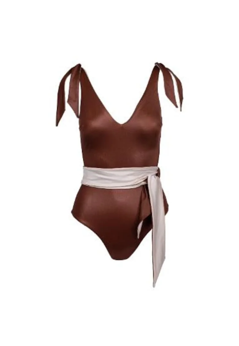 costum de baie intreg reversibil cu decolteu fata si spate in V, Maro