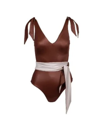 costum de baie intreg reversibil cu decolteu fata si spate in V, Maro