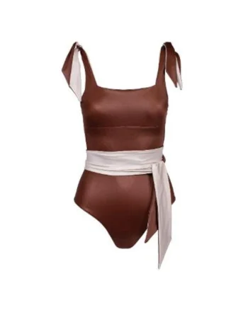 costum de baie intreg reversibil cu decolteu fata si spate patrat, Maro