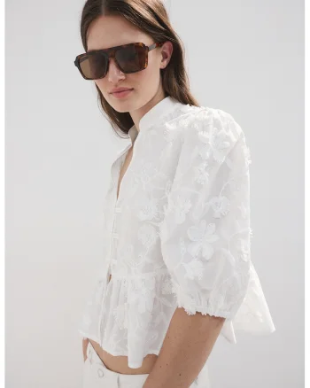 Bluza cu manci bufante si broderie, Alb optic