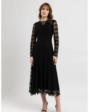 Rochie midi din tulle brodat negru cu maneci lungi