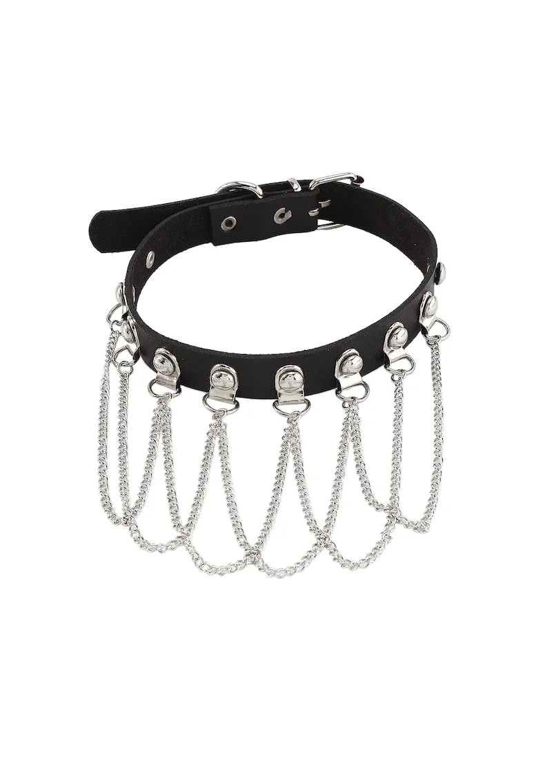 Colier choker negru, cu lannturi argintii, Nandor C19,