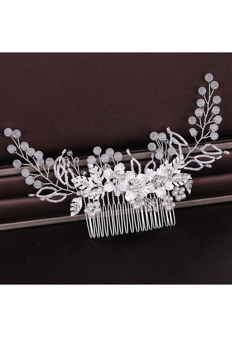 Accesoriu de par argintiu, cu flori si cristale, Elmira C5,
