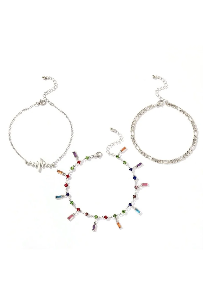 Set 3 bratari, argintii, cu pietre multicolore, Sidny C18,