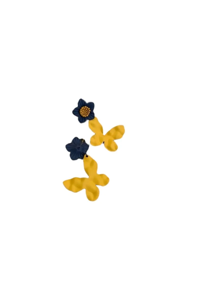 Cercei galbeni, forma de fluture, cu flori albastre, Athalia C7,