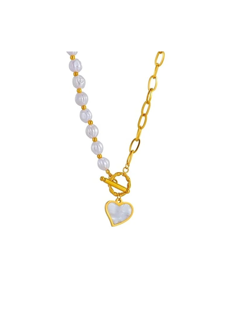 Colier auriu, suflat cu aur 18k, cu perle si pandantiv in forma de inima, Denys C6,