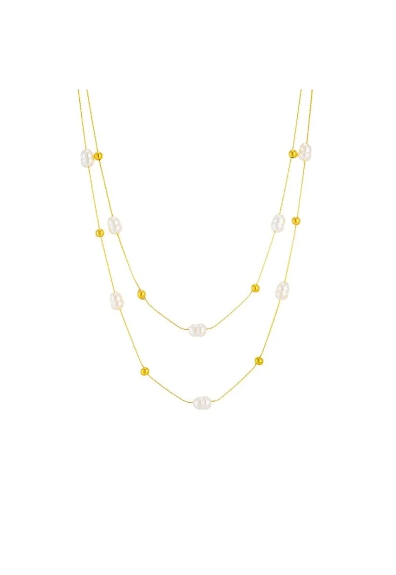 Colier auriu, in 2 straturi, din otel inoxidabil, cu perle, suflat cu aur 18k, Raian C5