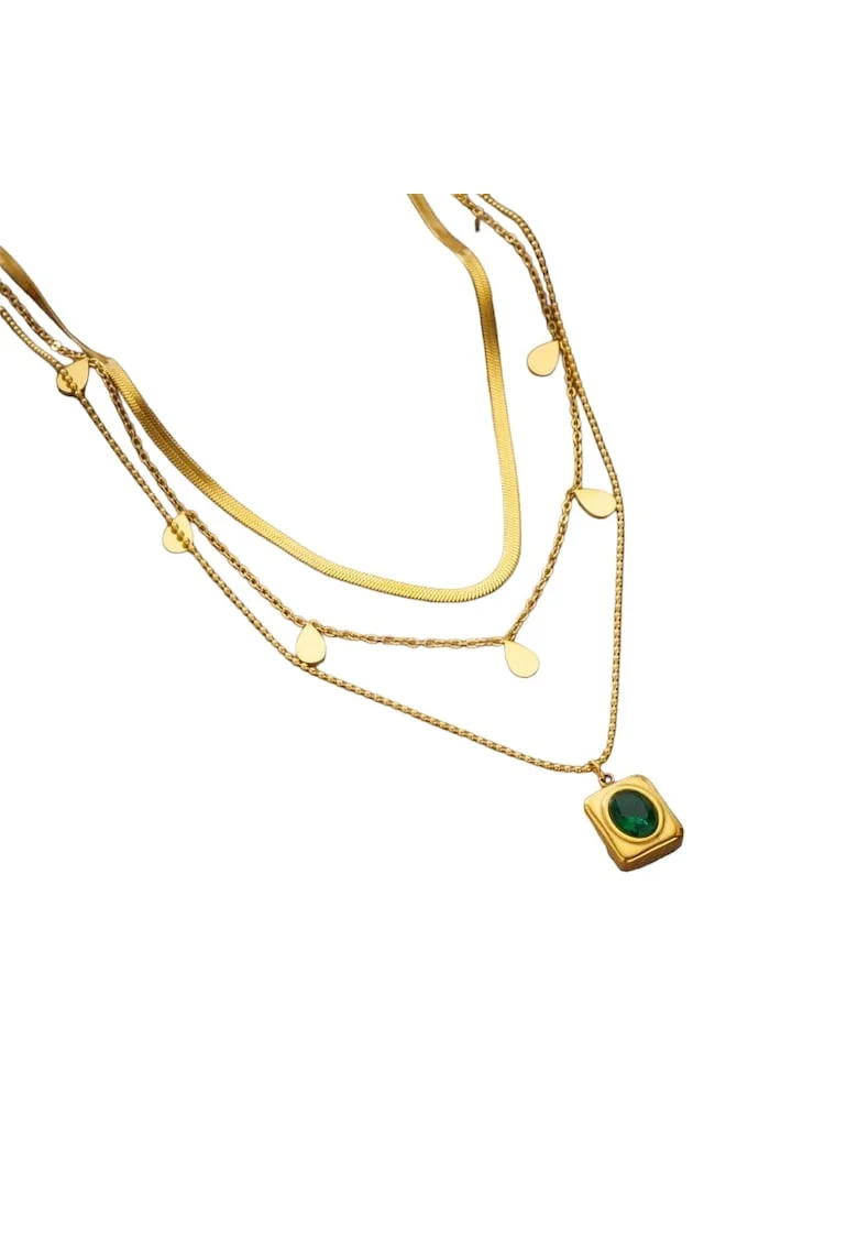 Colier auriu, in 3 straturi, cu piatra verde, Derek C6,