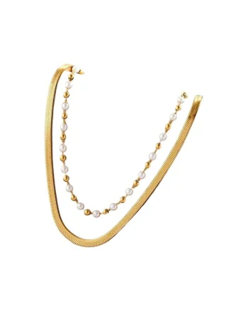 Colier auriu, in 2 straturi, din otel inoxidabil, cu perle, suflat cu aur 18k, Raisa C5