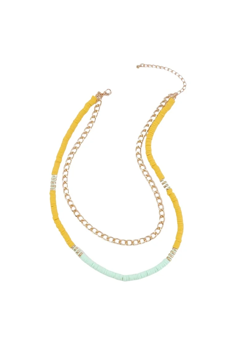 Colier in 2 straturi, auriu, cu piese galbene si turquoise, Tona C11,