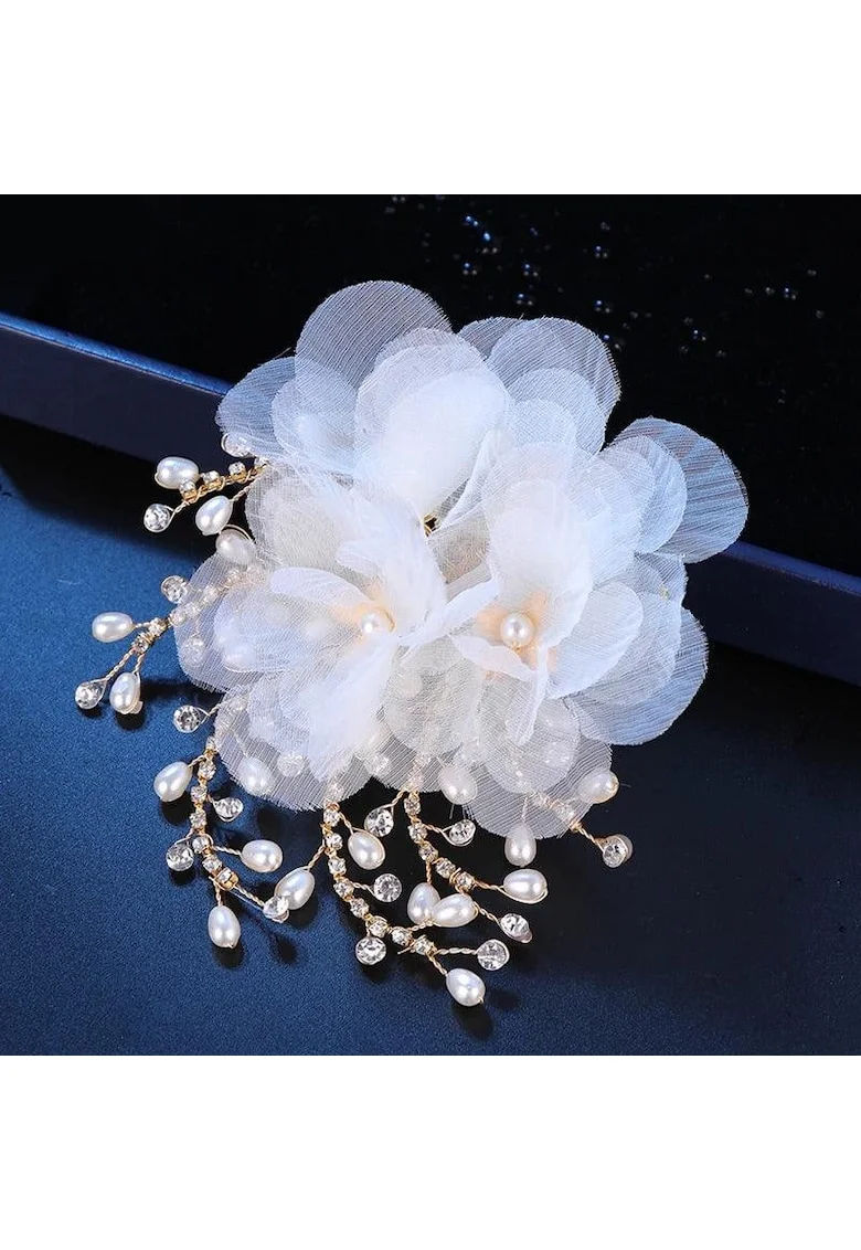 Accesoriu par, auriu, cu floare alba si pietre, Atena C5,