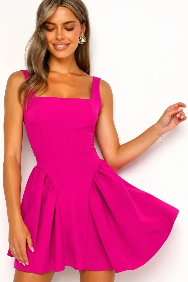 Rochie scurta babydoll MARA, cu spatele gol si funda, Fucsia, Marime S/M/L